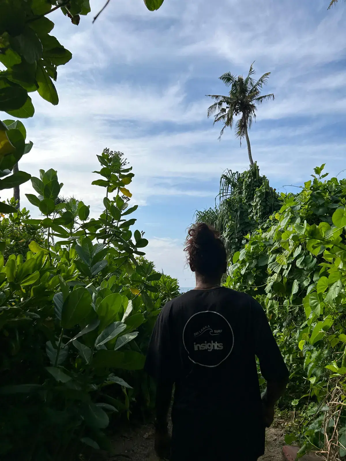 Surfer walking down a jungle path toward the sea